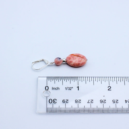 "Pink calcite gemstone earrings with pewter beads and silver lever-back ear wires"