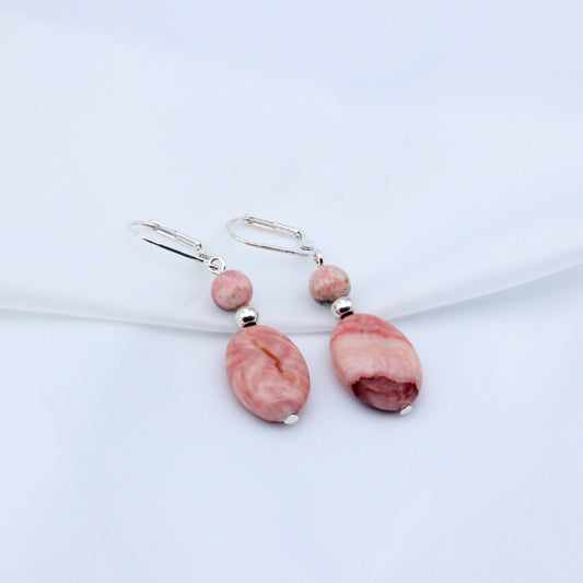 "Pink calcite gemstone earrings with pewter beads and silver lever-back ear wires"