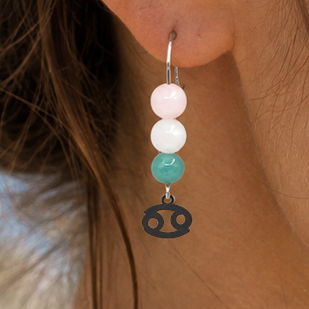 Honor the nurturing spirit of Cancer with earrings featuring Amazonite, Moonstone, and Rose Quartz—a gentle gemstone trio representing harmony, intuition, and love.Finished with a Cancer symbolic charm and suspended from a hand-forged earwire.