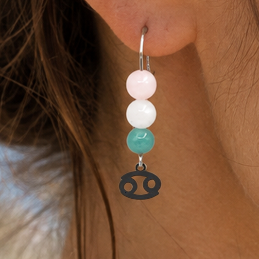 Honor the nurturing spirit of Cancer with earrings featuring Amazonite, Moonstone, and Rose Quartz—a gentle gemstone trio representing harmony, intuition, and love.Finished with a Cancer symbolic charm and suspended from a hand-forged earwire.