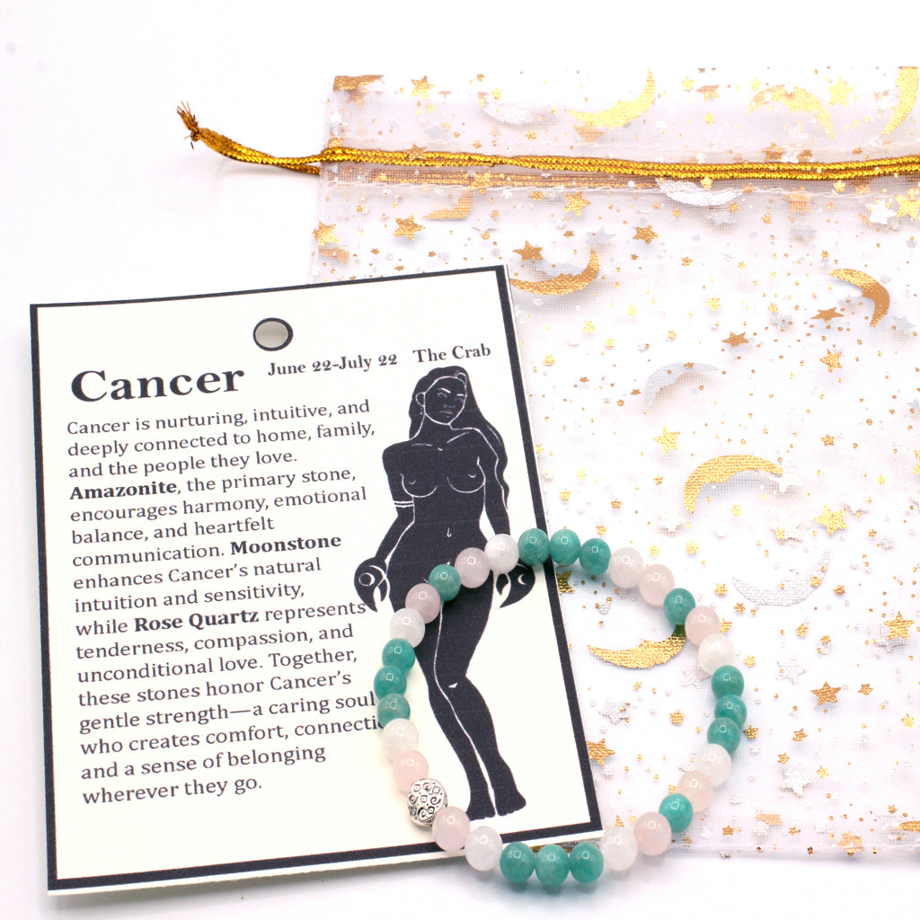 Celebrate the caring and intuitive spirit of Cancer with gemstones chosen to represent harmony, intuition, and a nurturing heart.