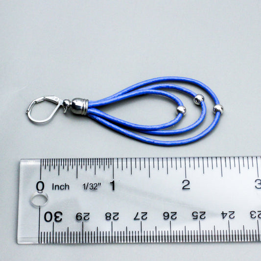 Leather hoop earrings with pewter beads hanging from a secure Lever-back ear wire.
