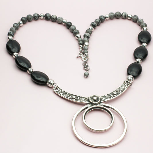 Bon Vivant necklace with pewter focal, Jasper, and Blackstone gemstones.