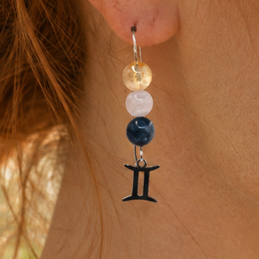 Capture the lively spirit of Gemini with earrings featuring Sodalite, Blue Lace Agate, and Citrine—a gemstone trio symbolizing expression, curiosity, and joy.Finished with a Gemini symbolic charm and suspended from a hand-forged earwire.