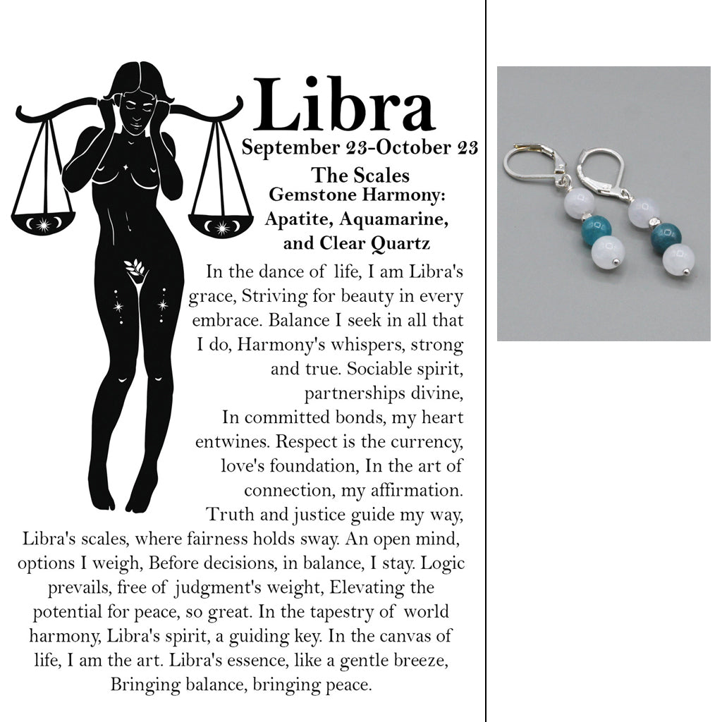 Zodiac card with silhouette, text, and gemstone earrings.
