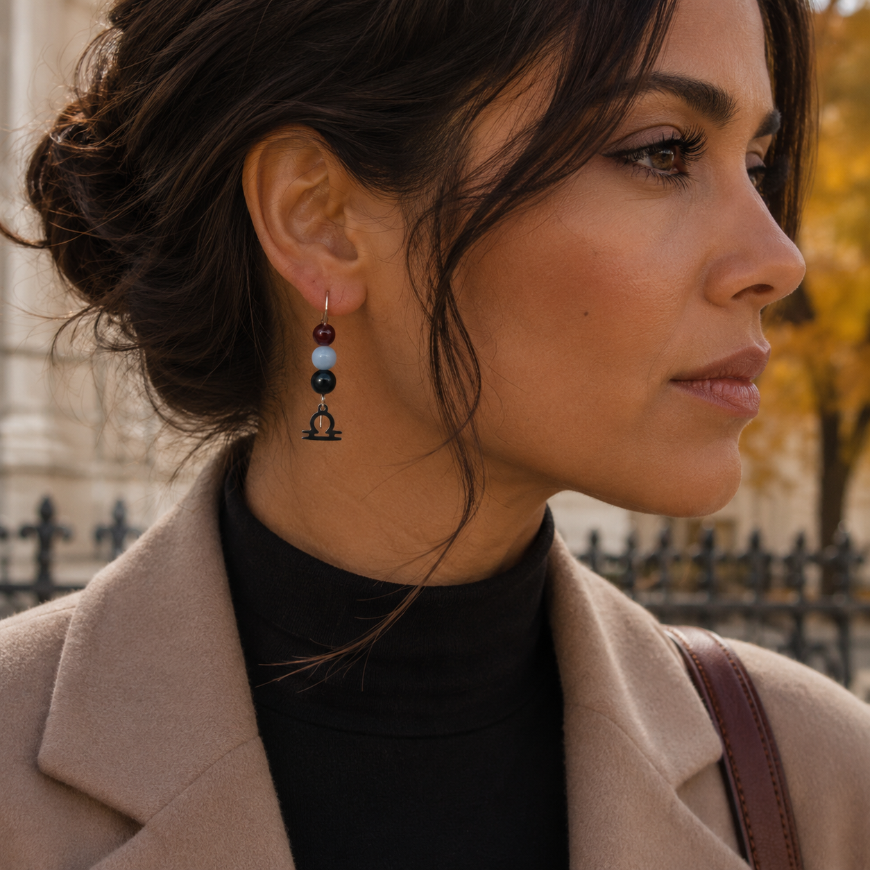 Celebrate the graceful spirit of Libra with earrings featuring Obsidian, Angelite, and Garnet—a distinctive gemstone trio symbolizing balance, peace, and passion.Finished with a Libra symbolic charm and suspended from a hand-forged earwire.