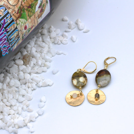 24K gold electroplated earrings featuring Moonstone and Botswana agate gemstones with a lever-back ear-wire.